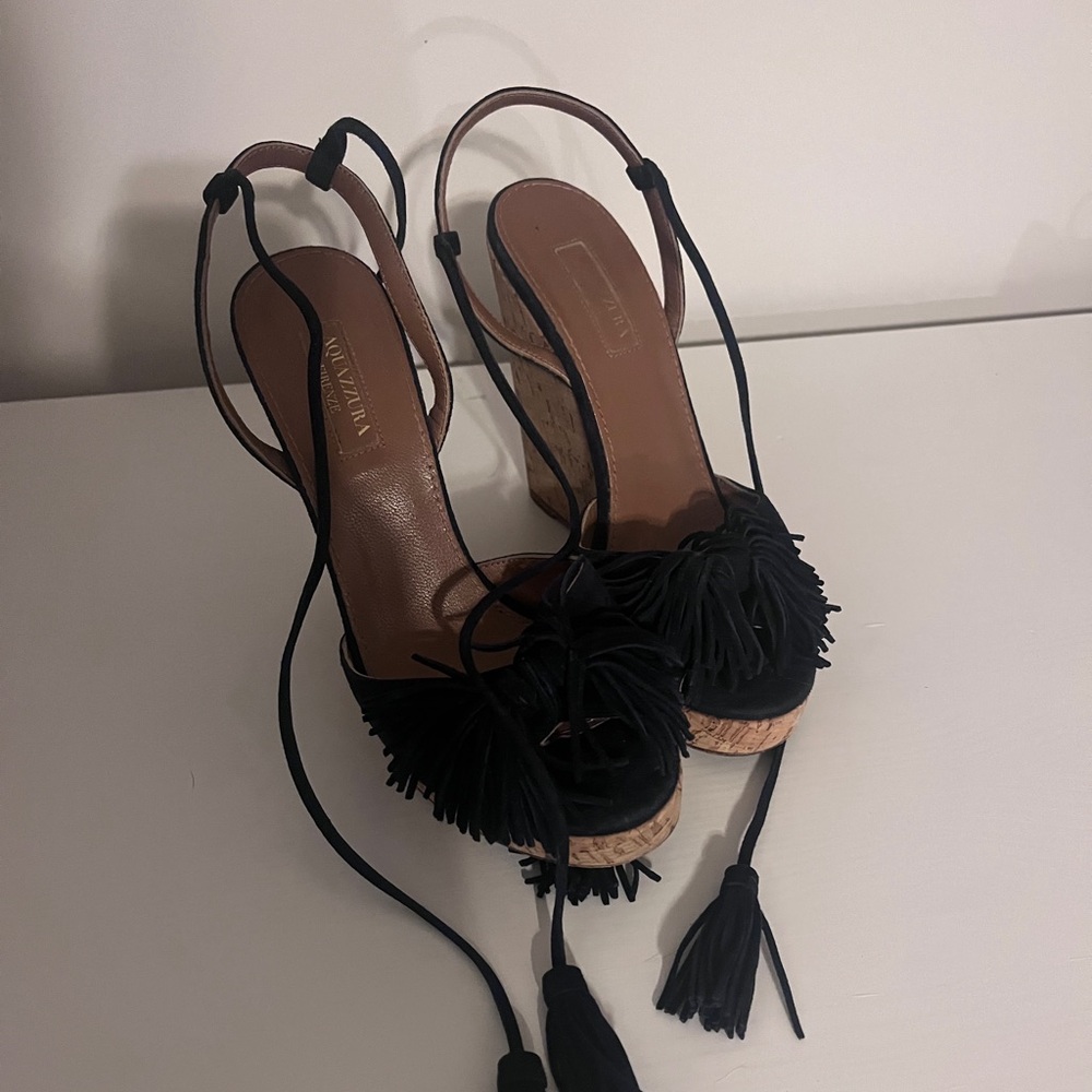 Aquazzura 'Wild Thing' Navy Suede Tassel Wedge, Cork High Heel IT 37